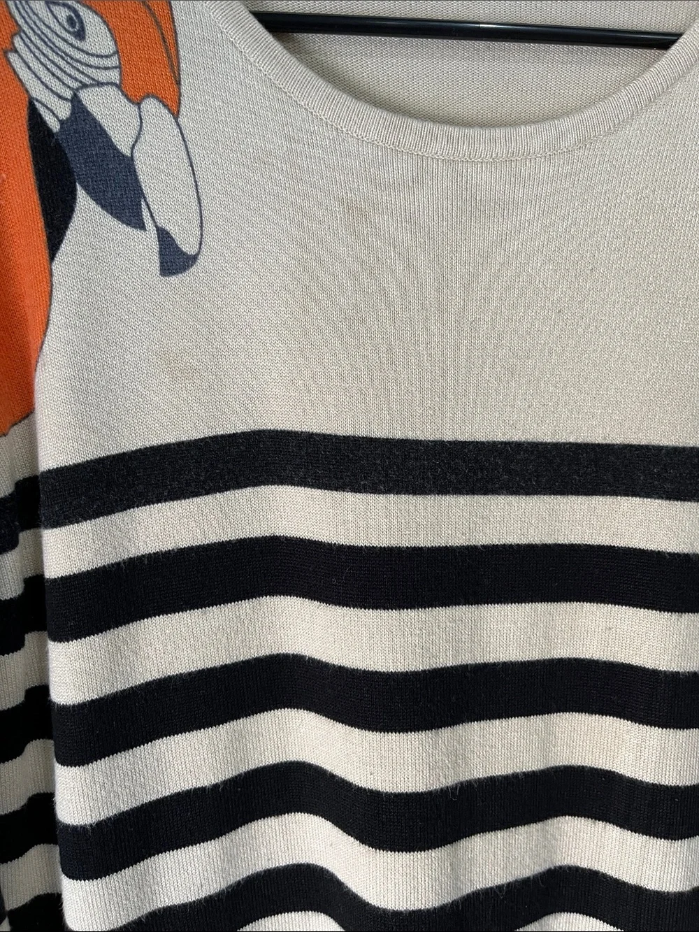 ModeLia Cream Black Stripes Orange parrot Print Knit Sweater Sz XL Chic - Picture 8 of 9